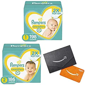 Diapers Newborn/Size 1 (8-14 lb), 198 Count and Size 2, 186 Count - Pampers Swaddlers Disposable Baby Diapers, ONE Month Supply with $20 Gift Card