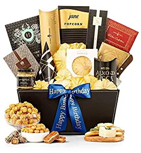 GiftTree Metropolitan Gourmet Happy Birthday Gift Basket | Assorted Candies, Camembert Cheese, Dried Pineapple, Tropical Island Mix, Toffee Popcorn | Perfect Way to Celebrate Their Special Day