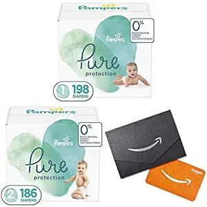 Diapers Size 1, 198 Count and Size 2, 186 Count - Pampers Pure Disposable Baby Diapers, Hypoallergenic and Unscented Protection, ONE Month Supply with $20 Gift Card