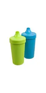 Re-Play Made in USA 2pk Toddler Feeding No Spill Sippy Cups | 1 Piece Silicone Easy Clean Valve | Eco Friendly Heavyweight Recycled Milk Jugs are Virtually Indestructible | Lime Green, Sky Blue