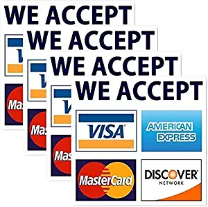 eSplanade We Accept Visa, MasterCard, Amex and Discover Credit Cards Sign Sticker Decal - Easy to Mount Weather Resistant Long Lasting Ink (Size 4" x 4")