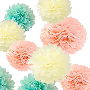 Fonder Mols 24pcs Large Sizes 8'' 10'' 12'' 14'' Ivory Peach Mint Party Tissue Pom Poms Flowers Decorations for Weddings, Birthday, Bridal, Baby Showers Nursery Wall Decor