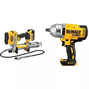 DEWALT DCGG571M1 20-volt MAX Lithium Ion Grease Gun with 20V MAX XR Brushless High Torque 1/2" Impact Wrench with Hog Ring Anvil