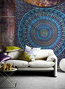 Popular Handicrafts Hippie Mandala Bohemian Psychedelic Intricate Floral Design Indian Bedspread Magical Thinking Tapestry 84x90 Inches,(215x230cms) Neavy Blue tarquish