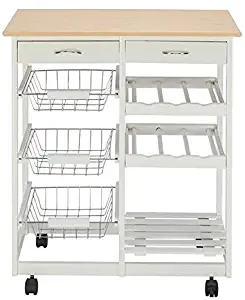 SHUTAO Moveable Kitchen Cart with Two Drawers & Two Wine Racks & Three Baskets White