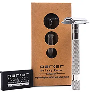 Parker 64S Stainless Steel Handle Double Edge Safety Razor with Closed Comb Head & 5 Premium Blades