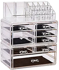 Sooyee Clear Acrylic 6 Tier 8 Drawers and 16 Grid Stackable Large Cosmetics Makeup Organizer and Jewelry Storage Case Display Set,3 Pieces Set Lipstick Cube Holder Countertop (9.44x5.35x11.62 inch)