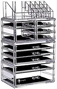 Cq acrylic Large 9 Tier Clear Acrylic Makeup Organizer Cosmetic Storage Cube Case with 11 Drawers-4 Piece Set
