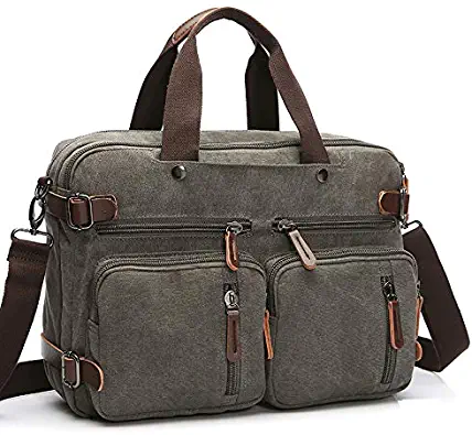 Canvas Laptop Messenger Bag Functional Multi-Pockets Convertible Backpack Briefcase for 14/15.6 Inch Laptop