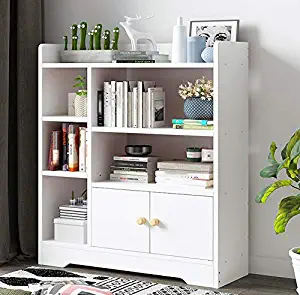 US Fast Shipment Multi-Layer Floor Bookshelf,Home Office Standing Book Cabinet with Door Locker & 5 Open Compartment,Stable Practical Student Adult Bookcase for Study Room Living Room