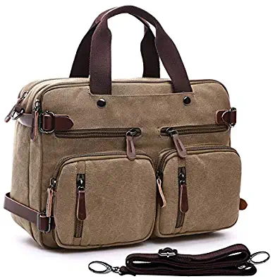 Canvas Laptop Messenger Bag Functional Multi-Pockets Convertible Backpack Briefcase for 14/15.6 Inch Laptop