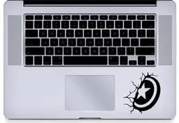 Captain America Shield Crash Trackpad Vinyl Decal Sticker Skin for MacBook Laptop in black.