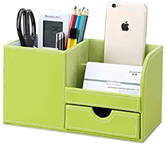 KINGFOM Wooden Struction Leather Multi-Function Desk Stationery Organizer Storage Box Pen/Pencil,Cell Phone, Business Name Cards Remote Control Holder with Small Drawer Green